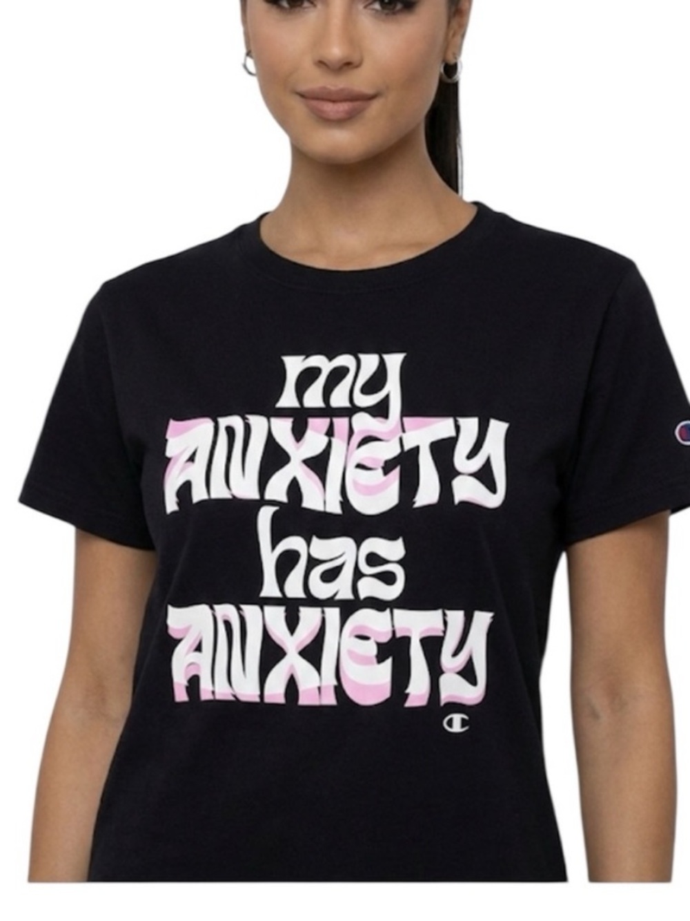 NWT-Champion Women Black White Pink Anxiety Graphic T-shirt Size: Medium